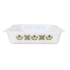 Vintage Anchor Hocking 8" Green Meadow Cake Pan Milk Glass Fire King Ovenware